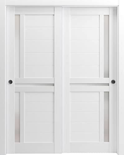 SARTODOORS Sliding Closet Bypass Doors 56 x 80 inches | Veregio 7288 White Silk with Frosted Glass | Sturdy Rails Moldings Trims Hardware Set | Wood Solid Bedroom Wardrobe Doors