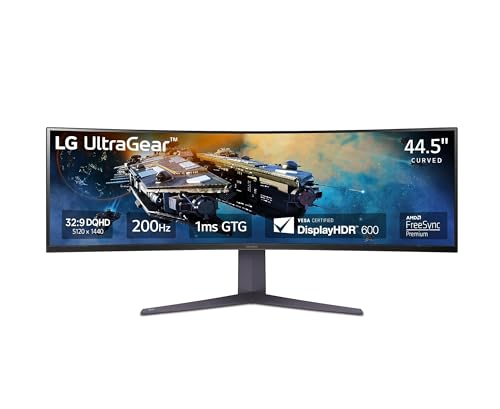 LG 45GR65DC-B Ultragear Curved Gaming Monitor 45-Inch 32:9 QHD 200Hz 1ms UltraWide Display AMD FreeSync Premium Pro VESA DisplayHDR 600 HDMI 2.1 x2 DP UBS x3 Tilt/Height/Swivel Stand - Black