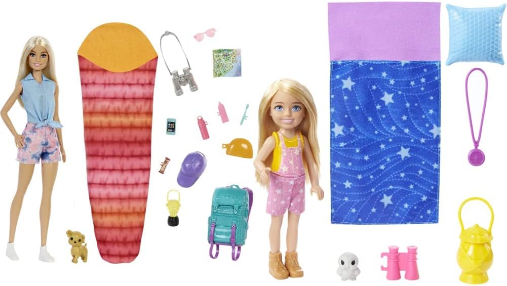 Barbie Doll and Accessories, It Takes Two “Malibu” Camping Doll with Pet Puppy and 10+ Accessories It Takes Two Camping Playset + Chelsea Doll (6 in, Blonde), Pet Owl, Sleeping Bag, Binocu