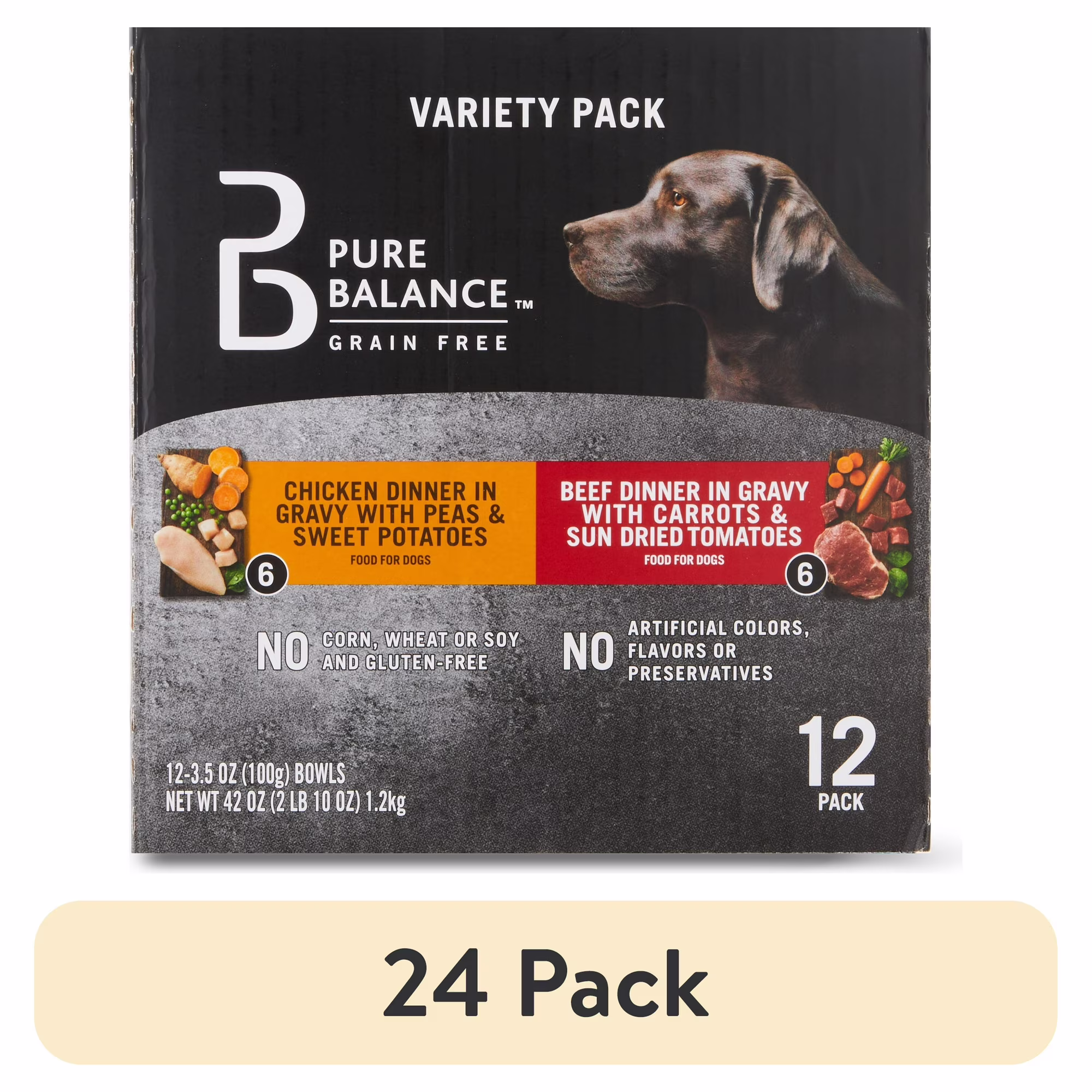 (24 pack) Pure Balance Grain Free Chicken Dinner in Gravy & Beef Dinner in Gravy Wet Dog Food Variety Pack, 3.5 oz, 12 Count