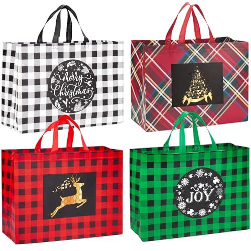 24 Pack Christmas Gift Bags Assorted Sizes with Handle, Reusable Tote Gift Bags Includes 4 Extra Large, 8 Large, 8 Medium, 4 Small, Non-Woven Christmas Bags for Gifts Xmas Party Holiday Favors