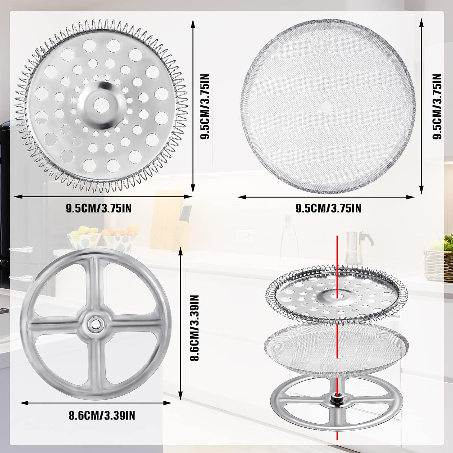 8 Pieces French Press Filter Replacement Parts Includes 6 Pieces Mesh French Press Screen Stainless Steel Containing Spiral Disk and Cross Disk Cross Plate for 3.75 Inch Wide French Press