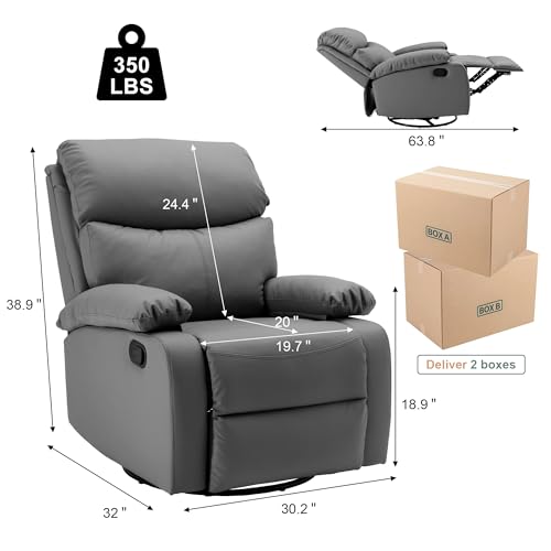 Swivel Rocker Recliner Chair for Adults, Genuine Leather Recliner Chair, Rocking Recliner Chair, Single Sofa Small Recliner for Living Room, RV, Nursery, Dark Grey