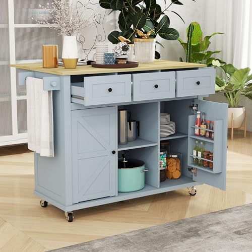 Kitchen Cart on Wheels with Drop Leaf,Rolling Kitchen Island with Storage Cabinet and 3 Drawers,Spice Rack,Towel Rack,Island Table for Kitchen,Living Room,Dining Room (Grey Blue)
