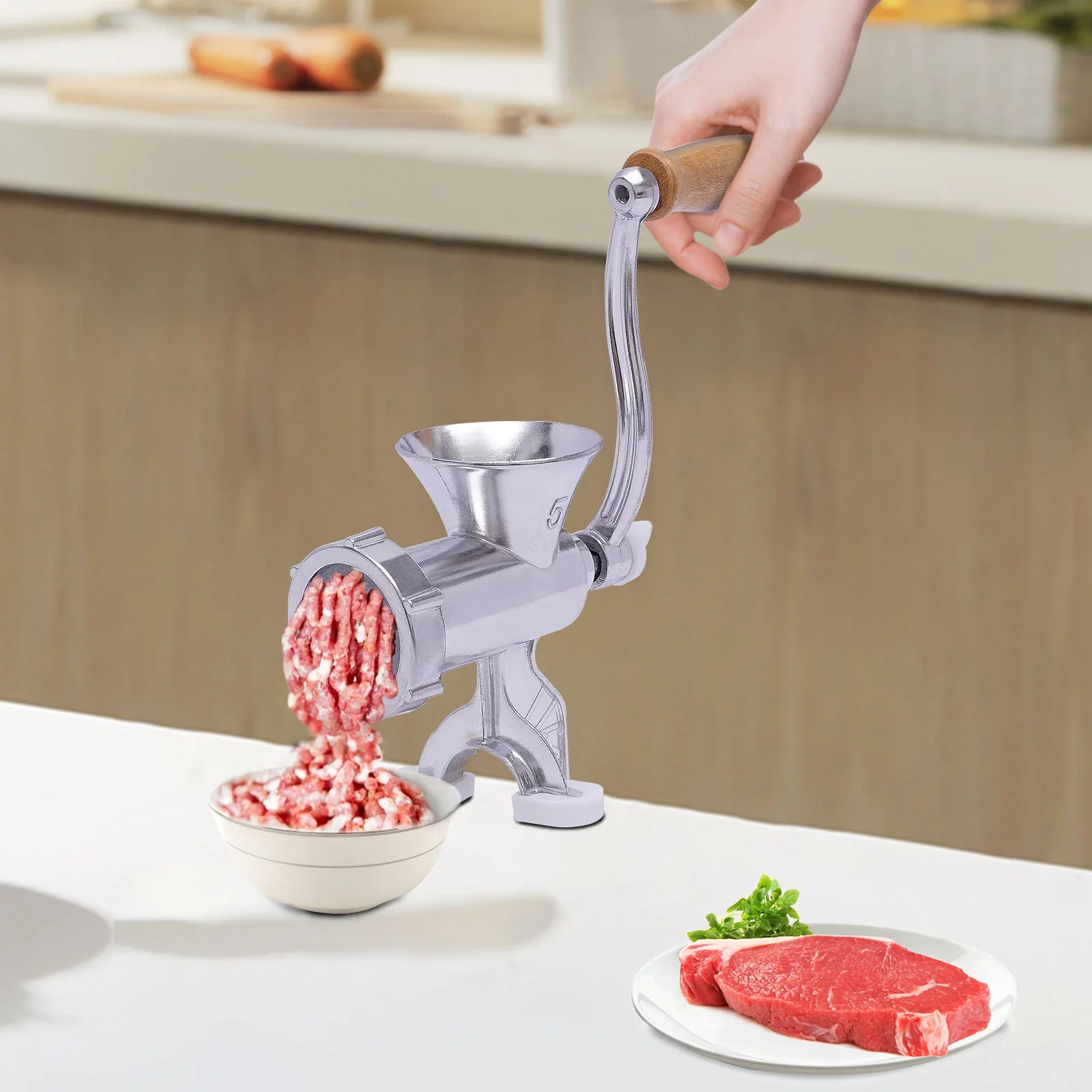 Anqidi Manual Meat Grinder Aluminum Alloy Food Mincer Sausage Filler Machine Hand Crank Meat Mincer Mixer with Tabletop Clamp for Home Use (Silver)