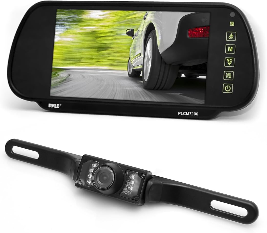 Pyle Backup Car Camera & Rear View Mirror Monitor Screen System-Parking & Reverse Safety Distance Scale Lines, Waterproof & Night Vision Cam with IR LED Lights, 7 LCD Display for Vehicles-(PLCM7200)