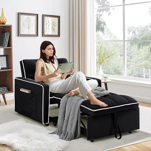 Sleeper Chair, 3 in 1 Convertible Chair Bed,Velvet Tufted Upholstered Single Pullout Sofa Chair Bed with Adjustable Backrest&Side Pockets,Recliner Lounger Bed for Living Room/Office/Small Space(Beige)