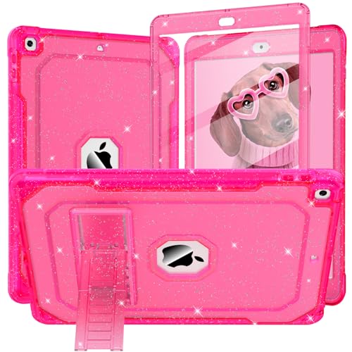 Case for iPad Air 2 Case, for iPad 6th/5th Generation 2018/2017, for Apple iPad 9.7 inch with Screen Protector/Stand, Glitter Hot Pink Full-Body Coverage Slim Cover for Girls Women Kids