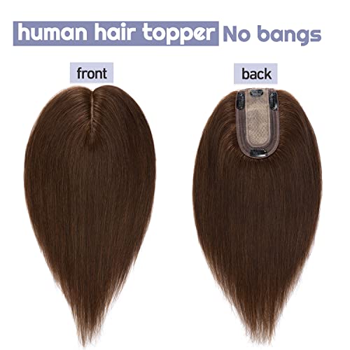 S-noilite Hair Toppers for Women with Thinning Hair 100% Real Human Hair Toppers No Bangs 7 * 13cm Silk Base Wiglet Hairpieces Clip in Hair Toppers for Women 6 inch 27g #4 Medium Brown