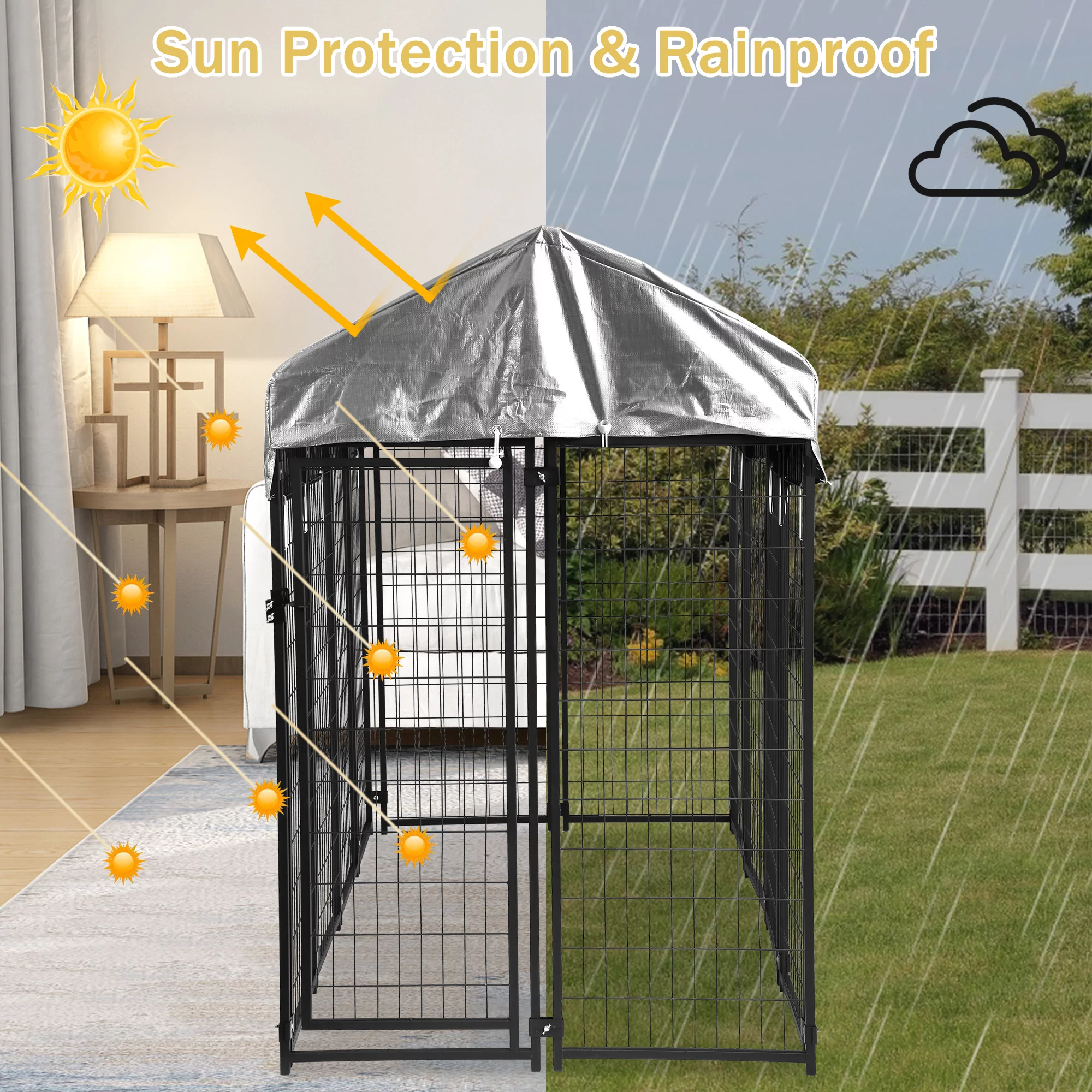 8 x 4 x 6 Ft Heavy Duty Large Dog Kennel Outside, Outdoor Dog Pen for Outside with UV Protection Waterproof Cover and Roof Metal Welded Dog Crate 6ft Tall Dog Playpen House for Large Dogs