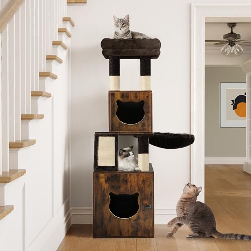 YITAHOME Modern Cat Tree with Litter Box Enclosure, Combo Endtable and Large Cat Tower with Basket, 4-in-1 Litter Box Furniture Hidden and Scratching Post for Large Cats