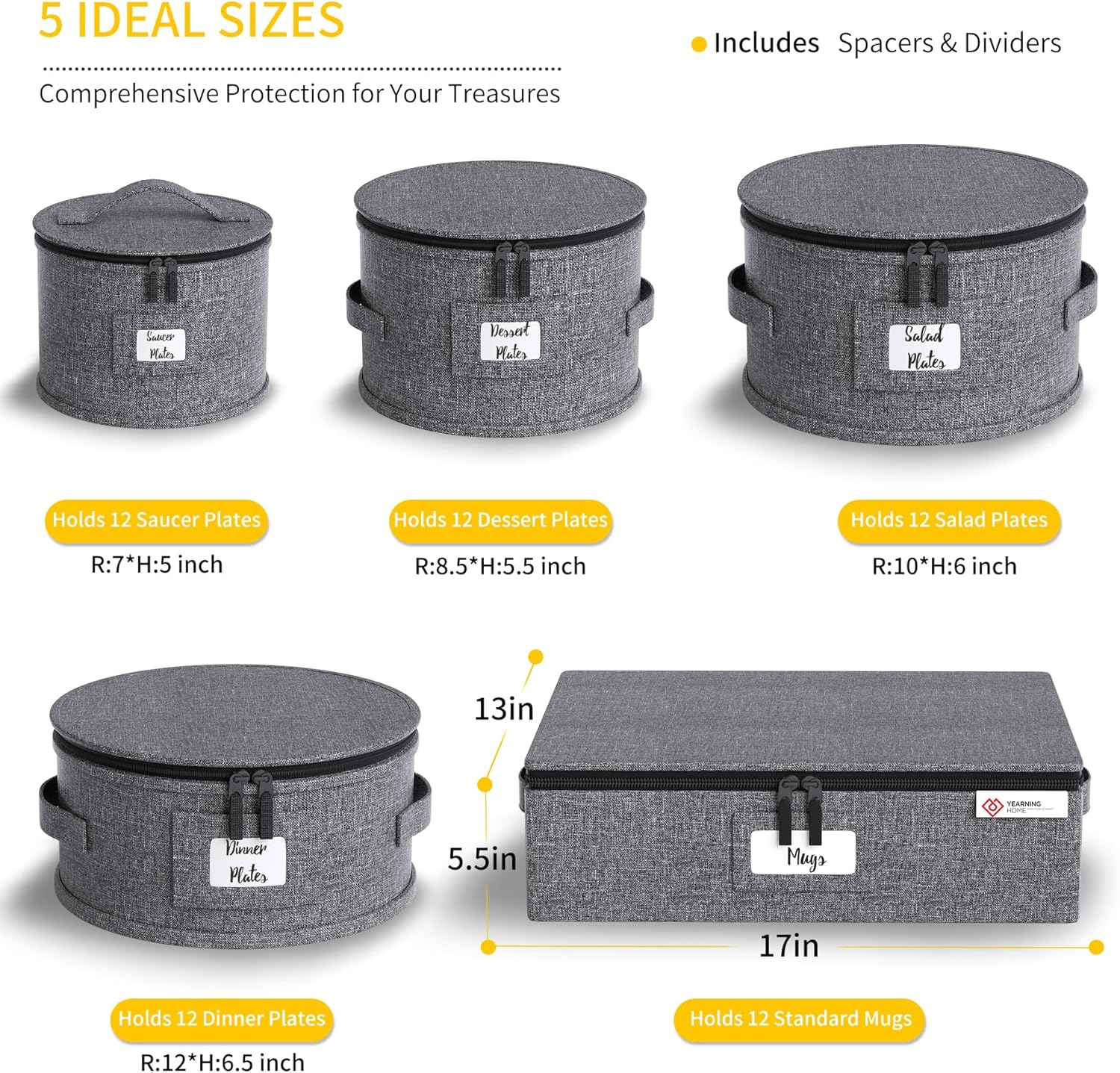 China Storage Containers Hard Shell Box for Moving Dishes, Plate, Saucers, Dinnerware, Mugs, Wine and Glasses Quilted Organizer Dividers for Packing Fine China Storage Containers 5Piece Grey