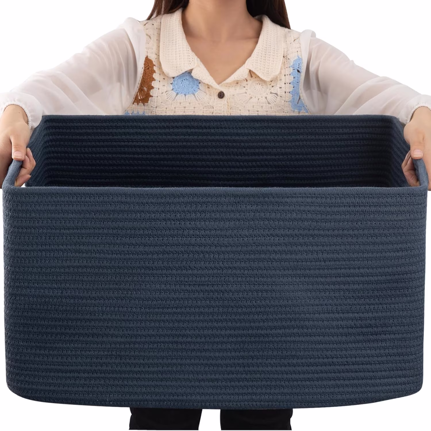 dxynlzq 75L Large Blanket Basket  Woven Blanket Storage Basket with Handle  Cotton Rope Basket for Organizing 22\u201Dx17\u201Dx12\u201D  Blanket Basket living Room  Toy Basket for Nurser