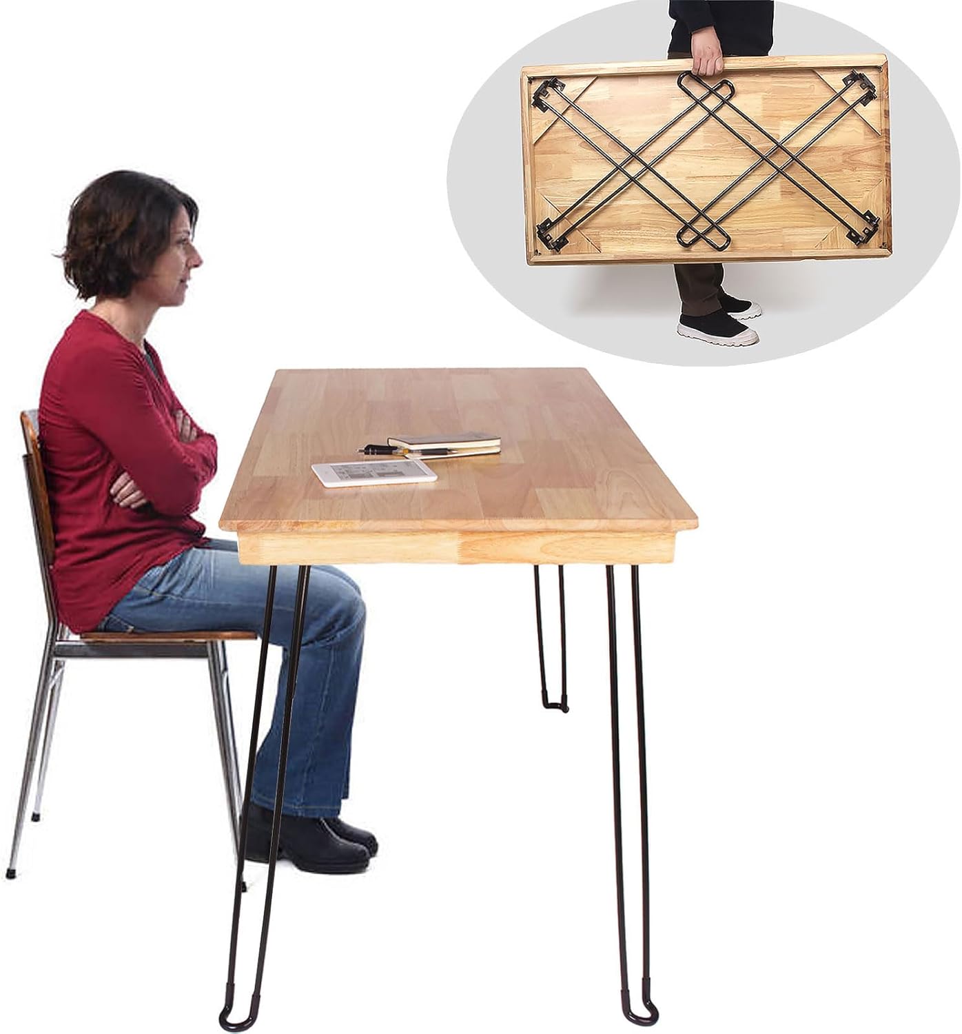 Wooden Folding Table Portable Folding Wood Desk 43in Fold-Down Workbench No Assembly Required for Home Office Writing Reading Desk Puzzle Table Small Computer Desk