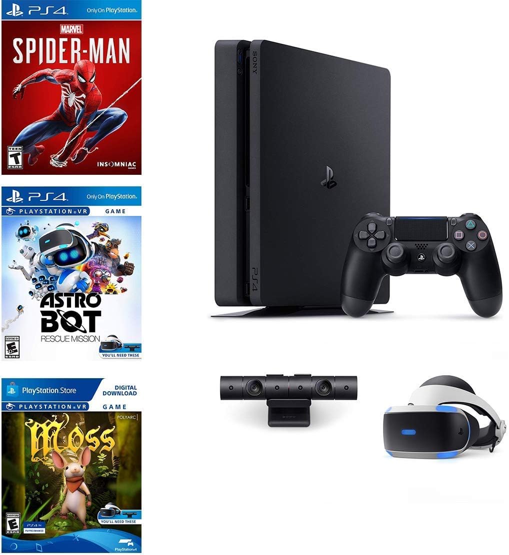 Sony Sony Playstation 4 Playstation 4 Slim 1TB Console Plus PS4 VR: Ps Camera, Ps VR Headset, Dual Shock 4 Wireless Controller, Game: Spider-Man, Moss Game, Astro Bot Rescue Mission, Black