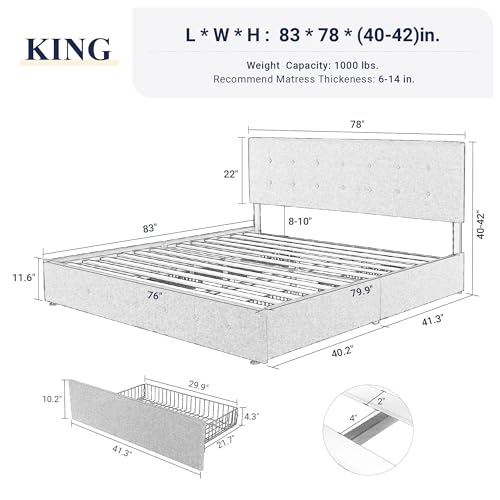 Allewie Upholstered Queen Size Platform Bed Frame with 4 Storage Drawers and Headboard, Square Stitched Button Tufted, Mattress Foundation with Wooden Slats Support, No Box Spring Needed, Light Grey
