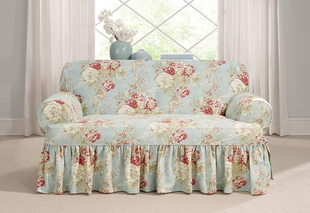 Waverly Ballad Bouquet 1 Piece T Cushion Loveseat Slipcover in Robin's Egg