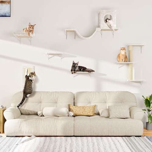 NUNU LAB Wall Mounted Cat Furniture, 7 Pcs Cat Wall Shelves with House, Tunnel, Bridge, Steps, Scratcher, Hammock, Bed, Indoor Safe & Stable Furniture for Kittens Play, Gray