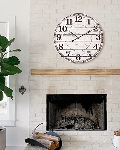 BEW 24 Inch Large Wall Clocks for Living Room Decor, Silent Battery Operated Wall Clock, White Rustic Country Farmhouse Shiplap Round Wooden Wall Clock