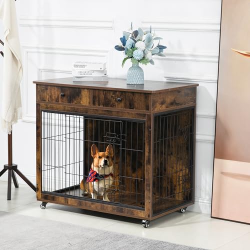Wooden Furniture Style Dog Crate with 2 Drawers,Indoor Double Doors Doggy House End Table,W/Wire Mesh and Cross-Thickened Iron Bars,Chew-Proof,for Small Pet,Grey,31.7