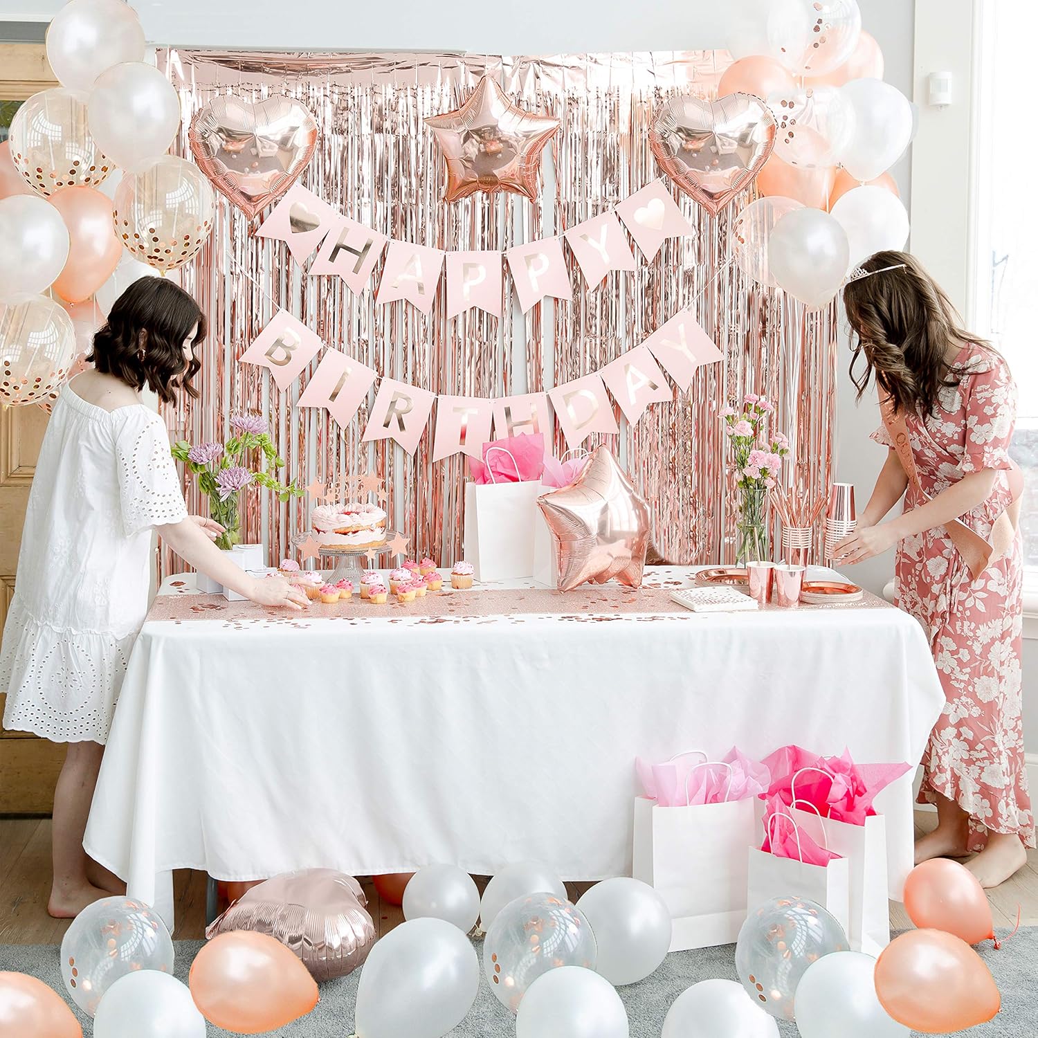 225 PC Rose Gold Birthday Party Decorations Kit for Girls, Teens, Women - Happy Birthday Banners, Curtains Table Runner Balloons, Sash Tiara Cake Topper Plates Cups Napkins Straws for 25 Guest & More