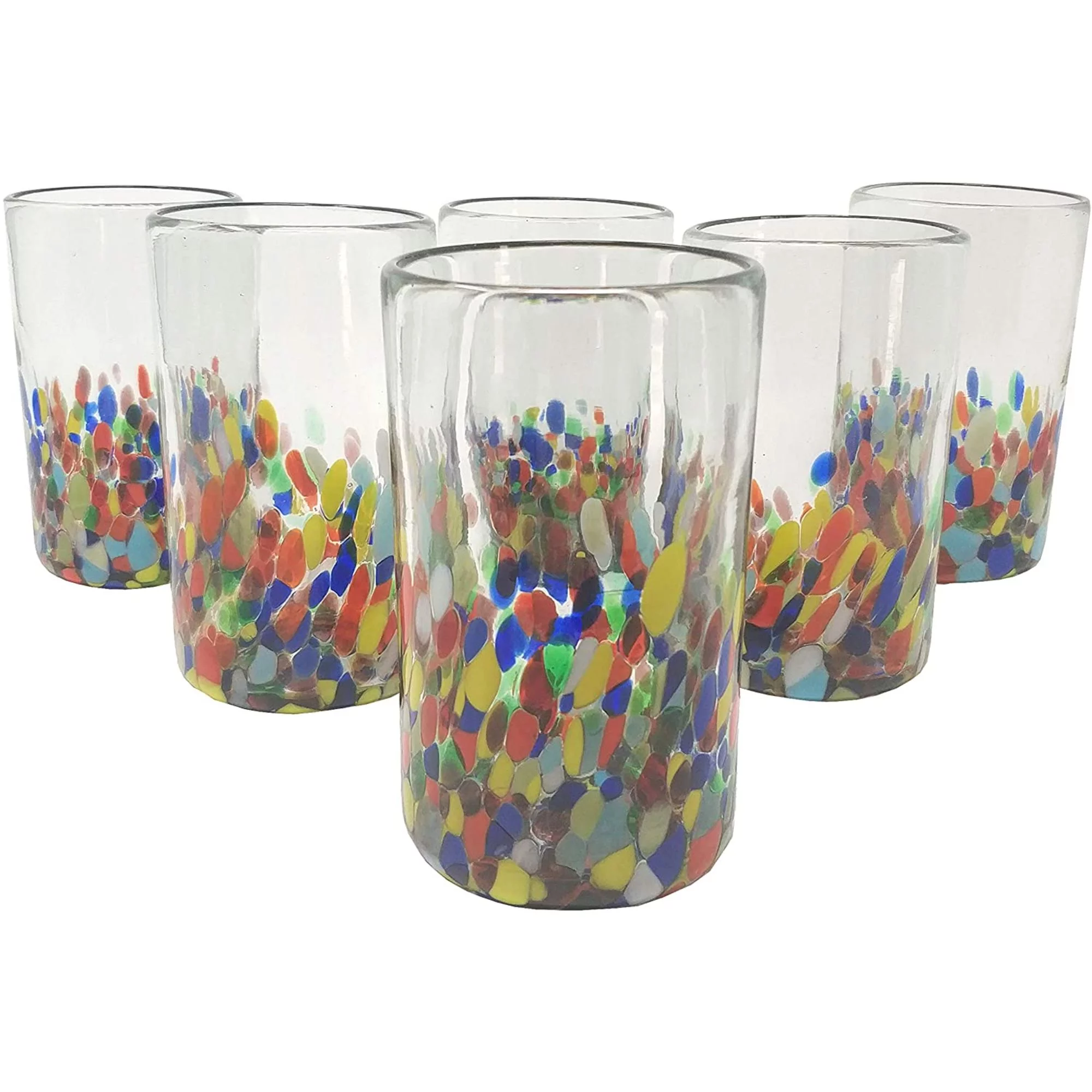 Hand Blown Mexican Drinking Glasses – Set of 6 Confetti Carmen Glasses 14 oz