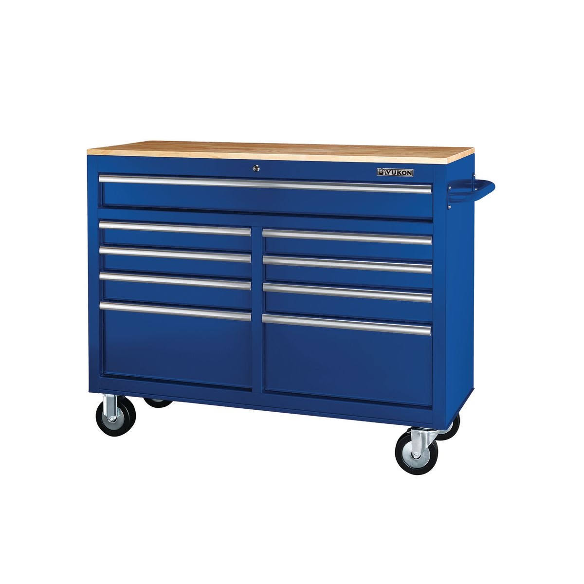 Yukon 46 in. 9-Drawer Mobile Storage Cabinet with Solid Wood Top, Blue