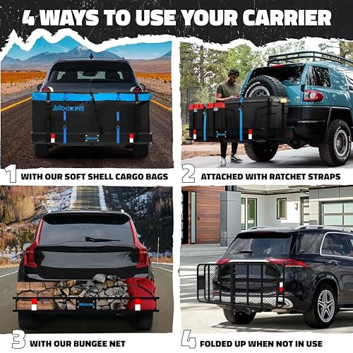 Mockins 60x20x6 Heavy-Duty Trailer Hitch Cargo Carrier 500lb Cap & 16 CuFt Soft Shell Waterproof Luggage Cargo Bag |Folding Hitch Cargo Carrier w/Net & Hitch Accessories |2