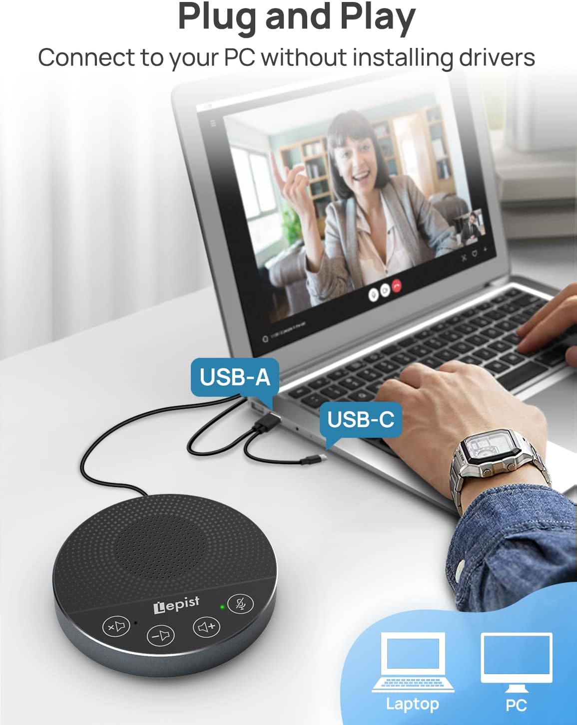 USB Speakerphone - Lepist LE2103N Computer Speakers with Microphone, Conference Call Speaker with Microphone for Zoom, Skype, 360° Voice Pickup, Plug and Play