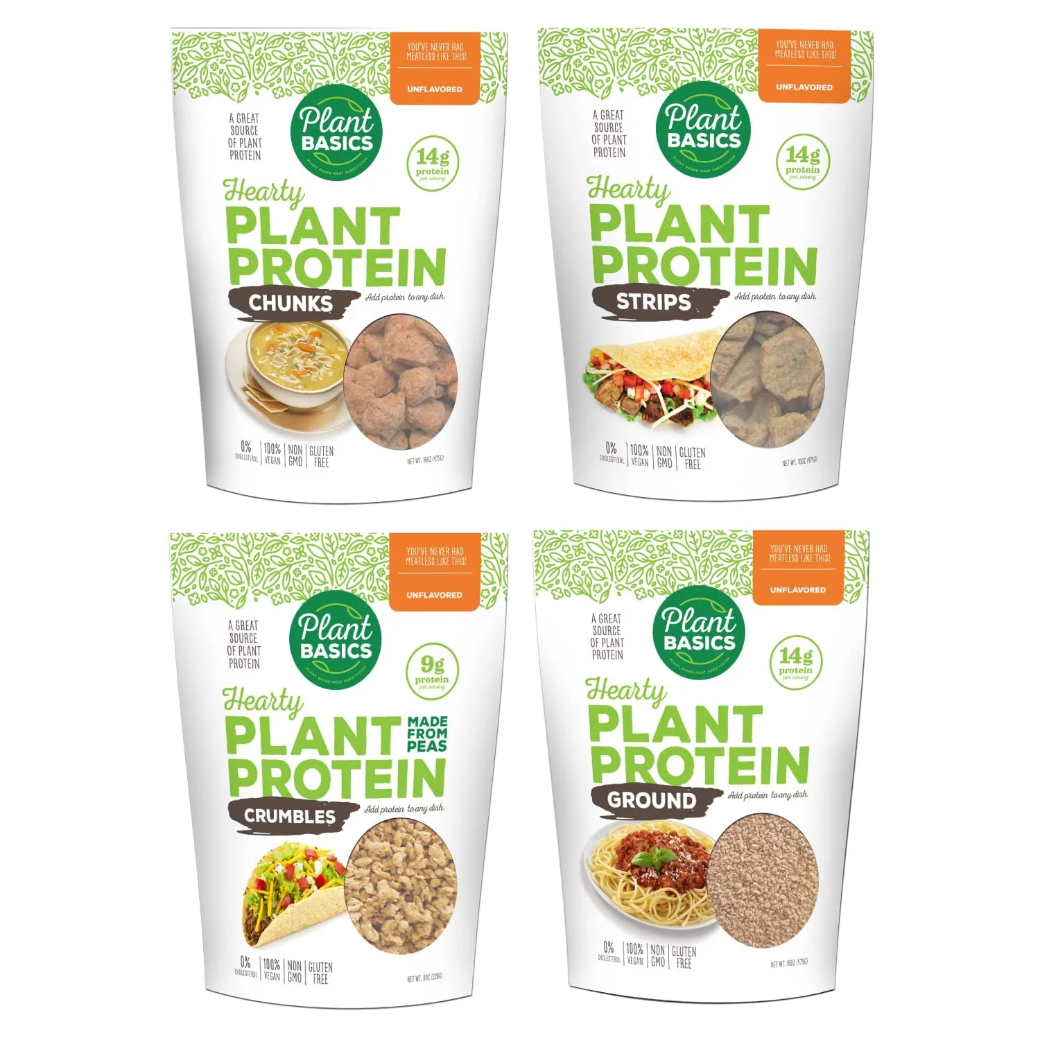 Plant Basics - Hearty Plant Protein - Variety Pack, 4 Bags, Gluten Free, Vegan, Meat Substitute