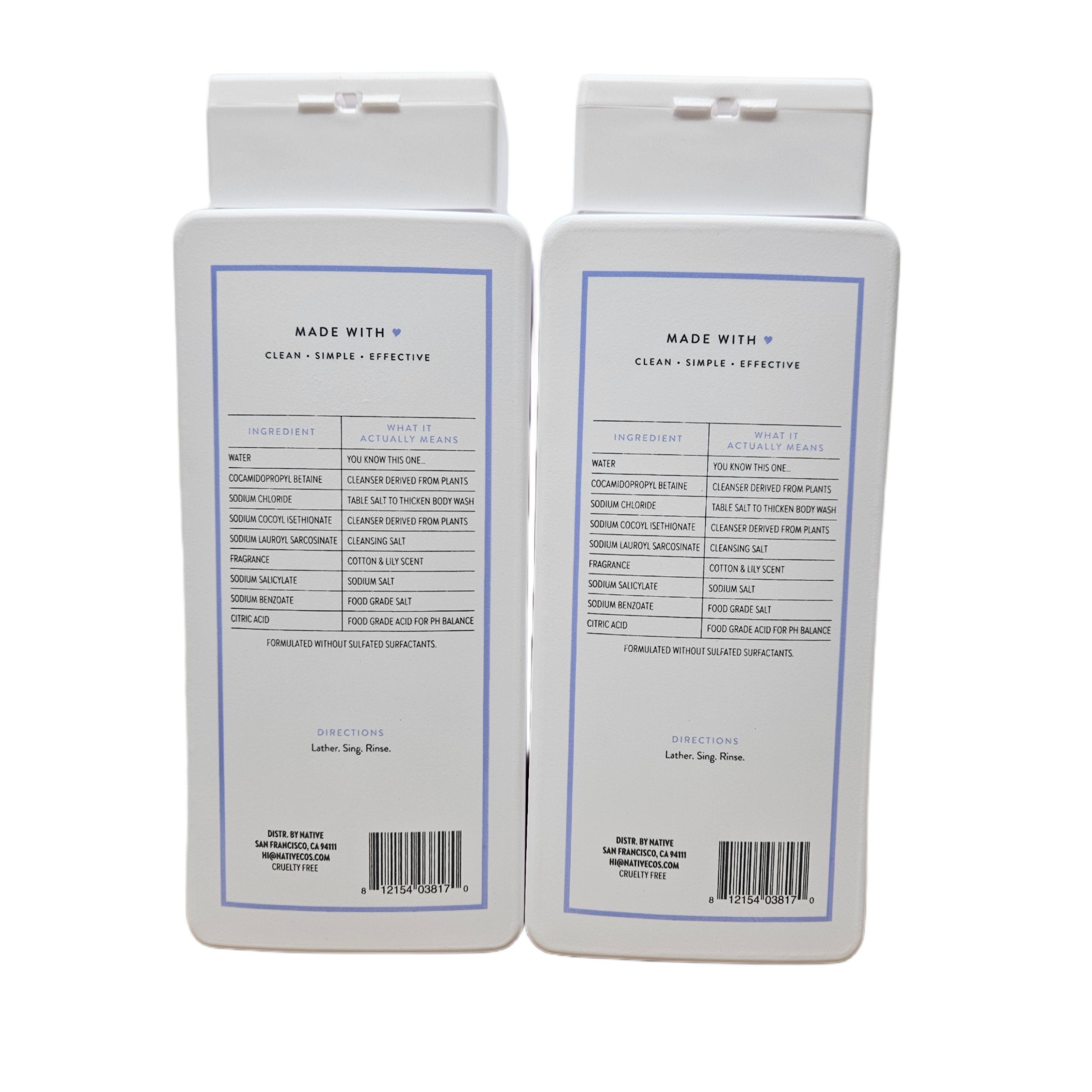 Native Body Wash, Cotton & Lily, Sulfate Free, Paraben Free, for Men and Women, 18 oz | 2 Pack