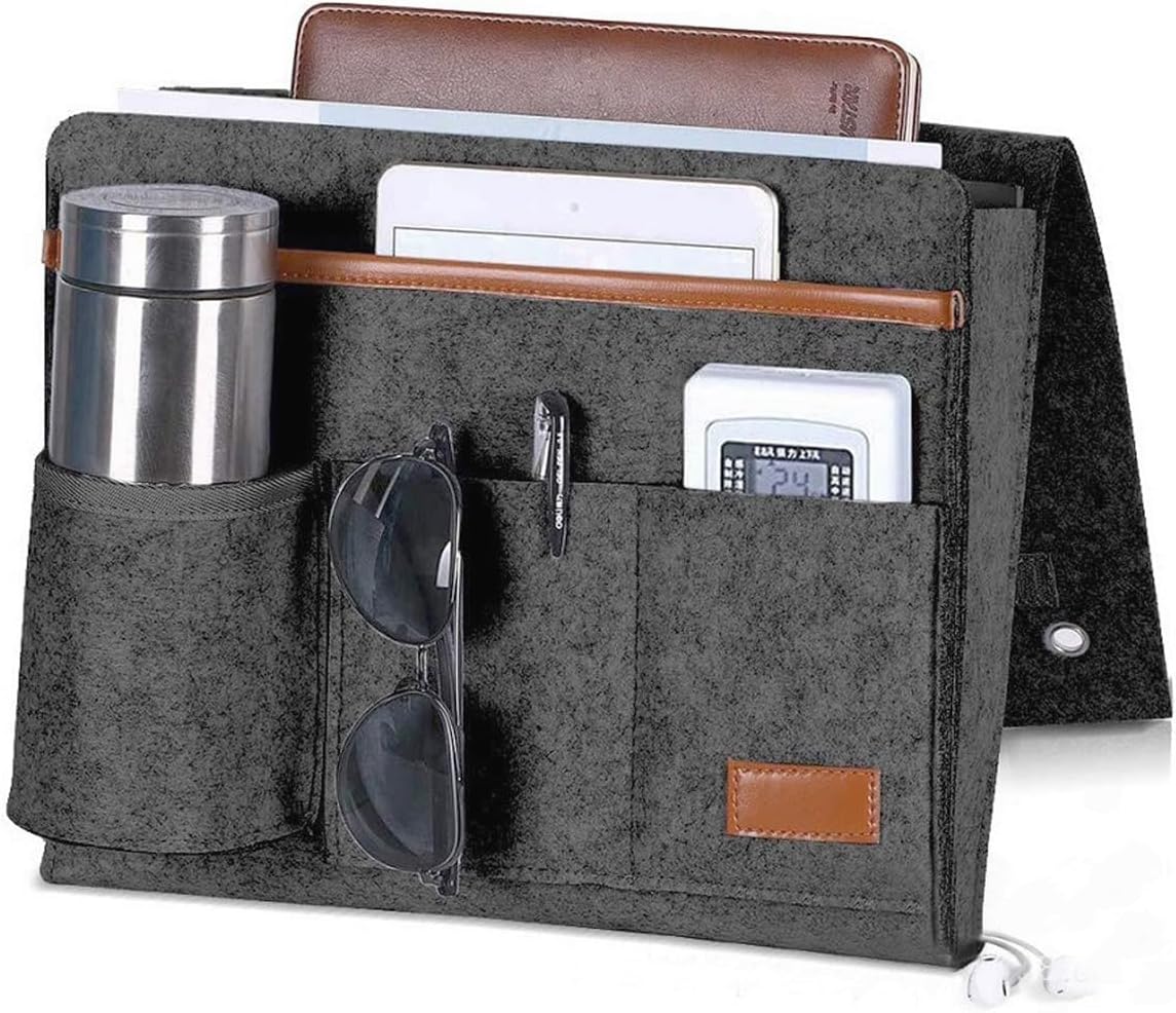 Bedside Caddy, Felt Bed Storage Organizer Hanging Bag Holder with 5 Pockets for Magazine Book Phone Tablet iPad Cables Remote & Water Bottle Holder Home Dorm Bed Sofa-Deep Gray