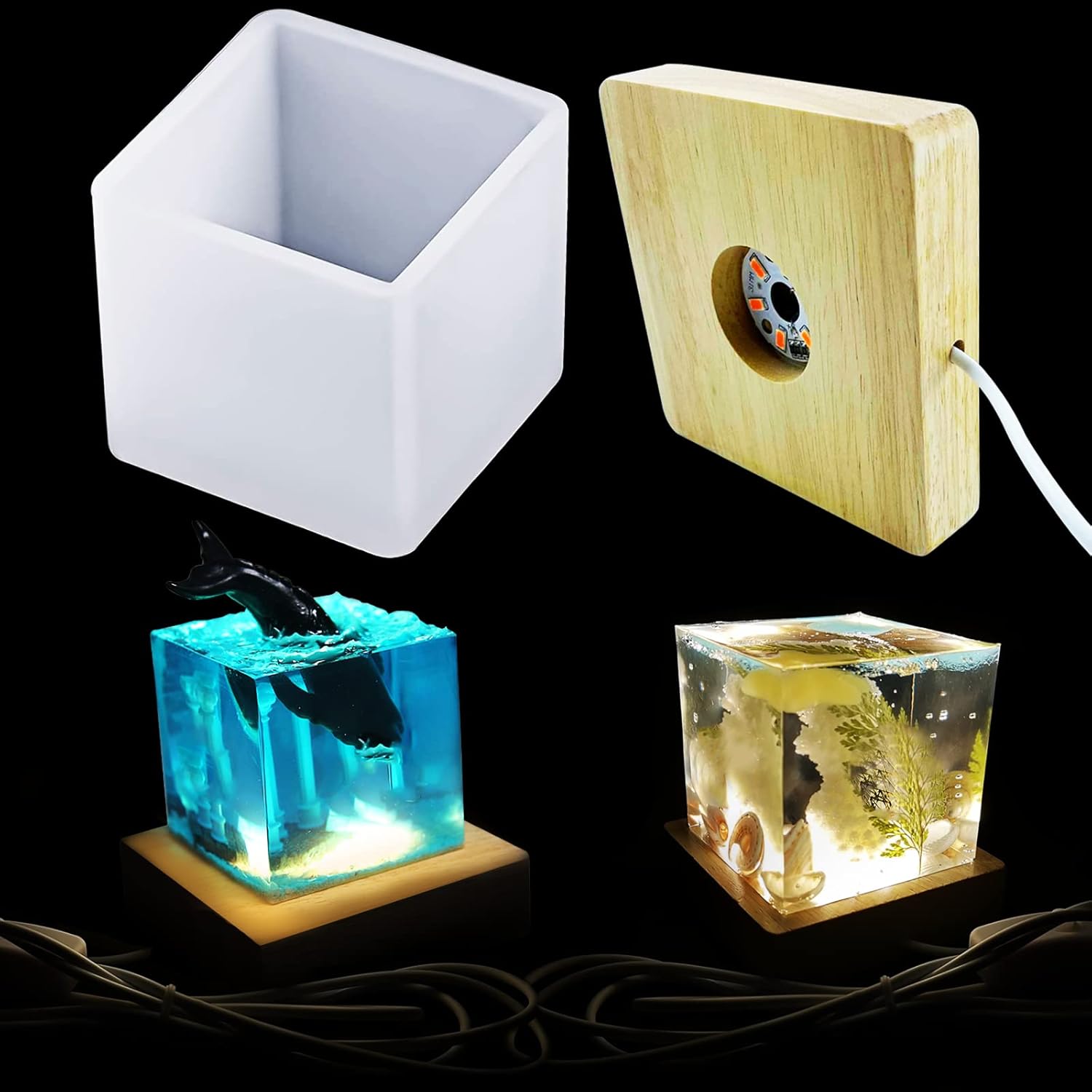 Light Resin Square Molds,Large Cube LED Silicone Molds for Resin with USB Powered Wooden Lighted Base for DIY Crystal Resin Art Table Lamp Home Decoration
