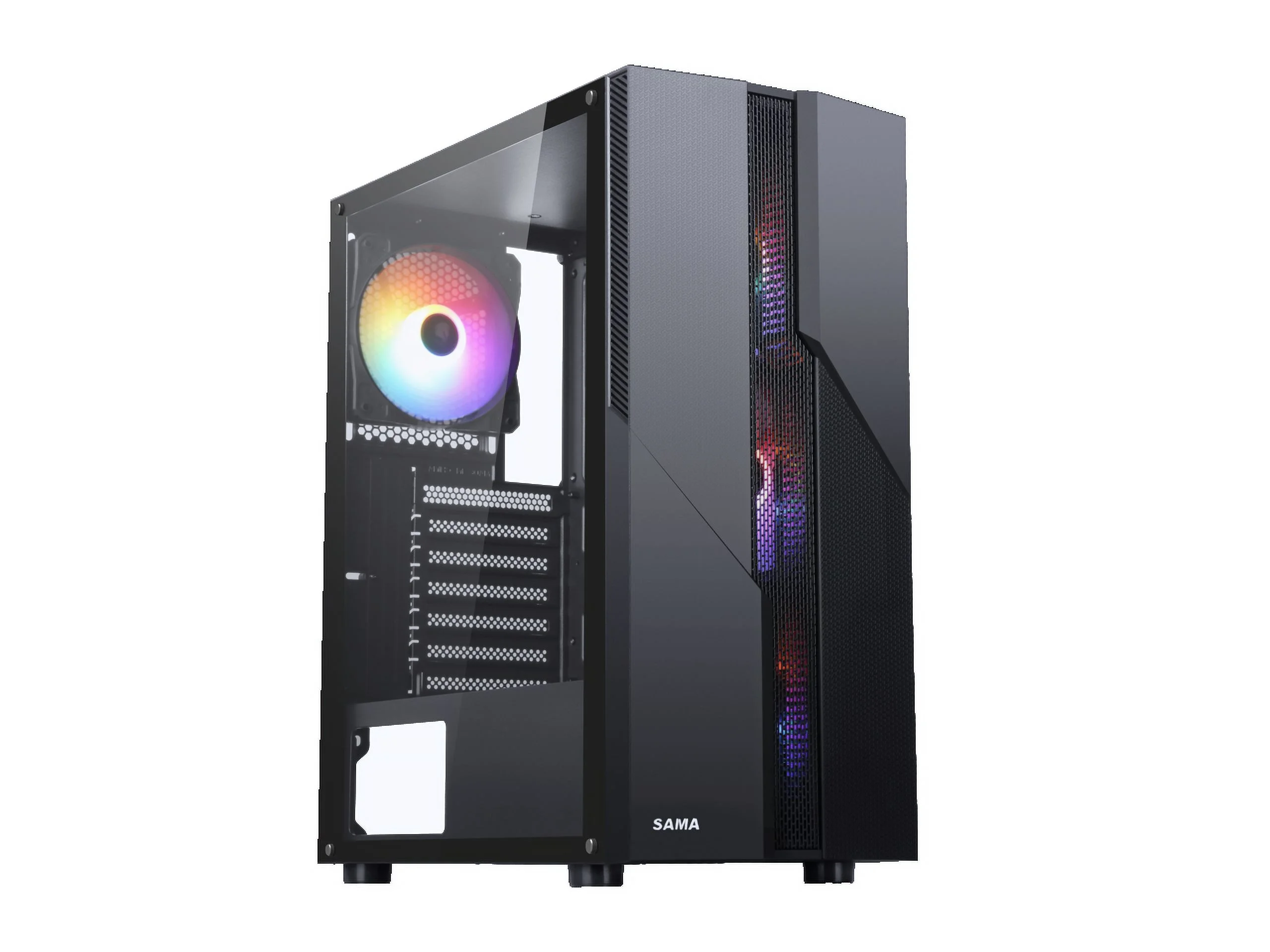 SAMA Sama-M2-TG Black USB3.0 Steel/ Tempered Glass ATX Mid Tower Gaming Computer Case w/Tempered Glass Panel and 4 x 120mm Autoflow Rainbow LED Fans (Pre-Installed)