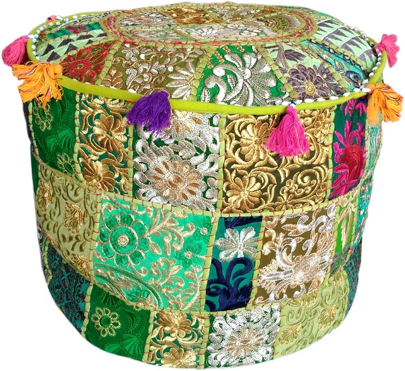 Indian Round Patchwork Embroidered Ottoman Pouf Ethnic Indian Decorative Cotton Pouffe,Designer Ottoman Pouf, Home Living Footstool Chair Cover, Bohemian Pouf
