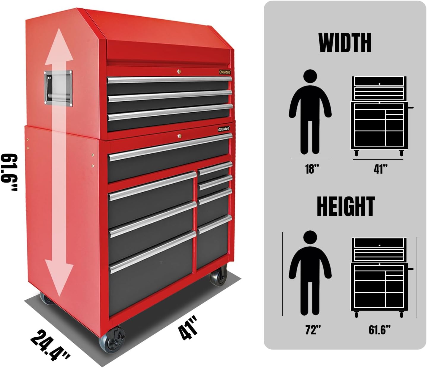 41-Inch Combo-11 Drawers,20-22 Gauge Steel Storage, Perfect for Organizing Your Garage,Warehouse,Or Workshop Heavy-Duty Tool Chest and Cabinet, Black/Red