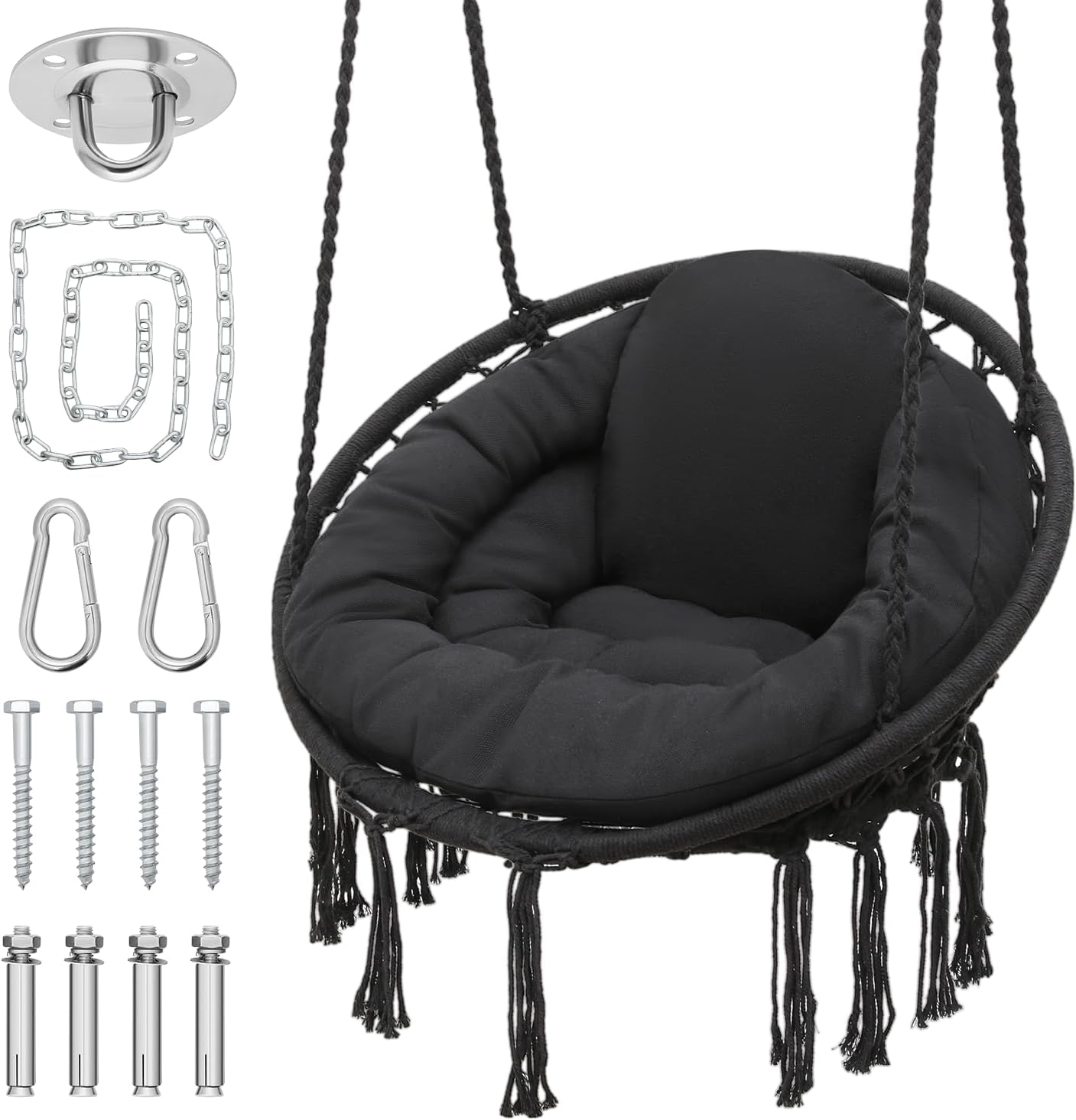 Monibloom Hanging Hammock Chair W/Large Padded Cushion, Macrame Swing Chair for Porch, Max 350 Lbs Capacity Hanging Swing for Adults & Teens, Comfy Hammock for Bedroom Relaxing Reading Napping, Black