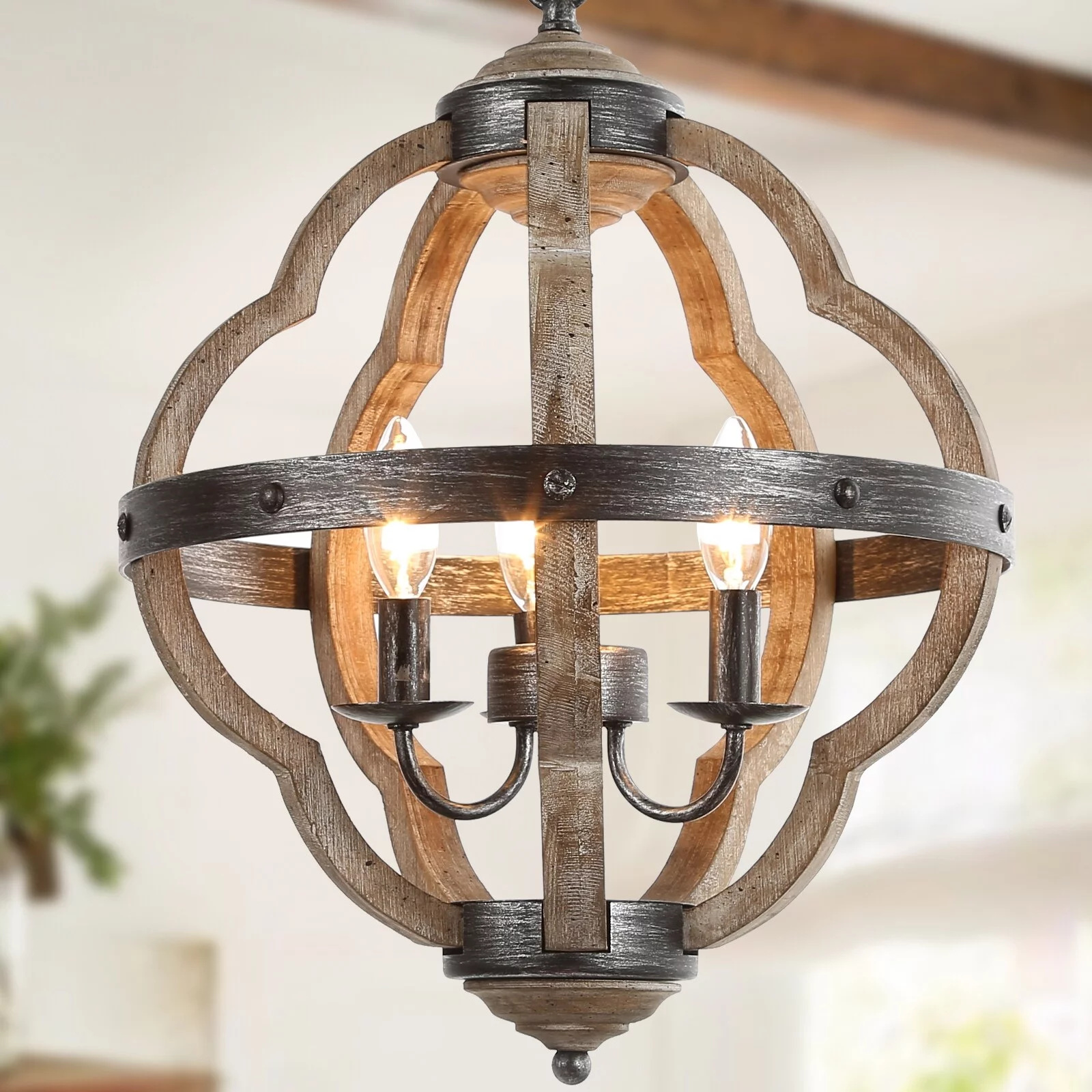 LNC Farmhouse 3-Light Wood Lantern Chandelier for Kitchen Island Dining Room W15