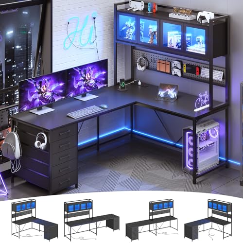 SEDETA L Shaped Gaming Desk with Drawers, L Shaped Computer Desk with Hutch and Storage Shelves, Gaming Desk with Pegboard, Led Lights, and Power Outlet, Home Office Desk, Corner Desk, Rustic Brown