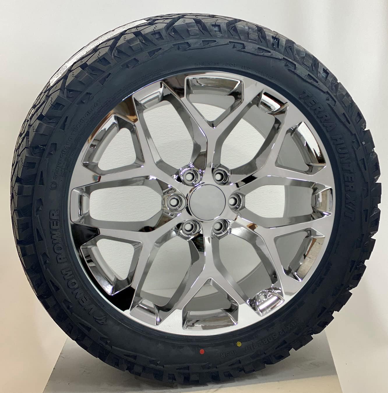 22 Inch Chrome Snowflake Wheels Rims with 33x12.50R22 Tires Lugs TPMS Fits 2000-2023 Chevy Silverado, Tahoe, Suburban and GMC Sierra, Yukon, and Cadillac Escalade SET of 4