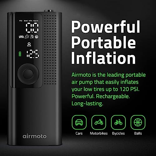 Airmoto Tire Inflator Portable Air Compressor - Air Pump for Car Tires with Tire Pressure Gauge - One Click Smart Pump Tire Inflator for Car, Motorcycle, Bicycle and More