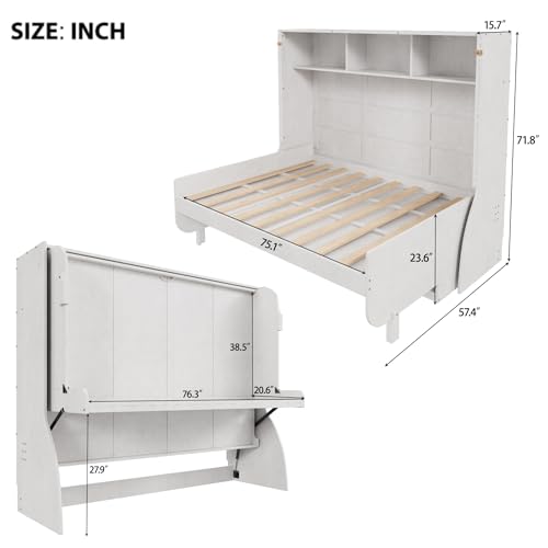 SOFTSEA Full Size Murphy Bed with Desk, Horizontal Wall Bed with Storage Shelves, Hidden Murphy Bed Cabinet Space-Saving for Small Space Guest Room Bedroom or Home Office, Antique White