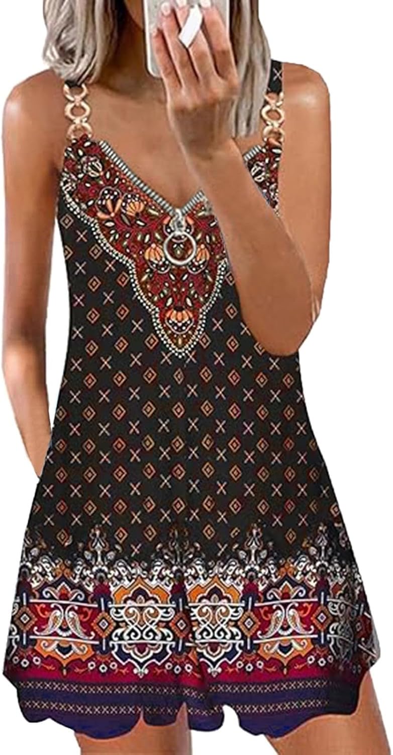 Women Dresses Boho Floral Print Beach Dress V Neck Sleeveless Spaghetti Strap Sundresses with Pockets