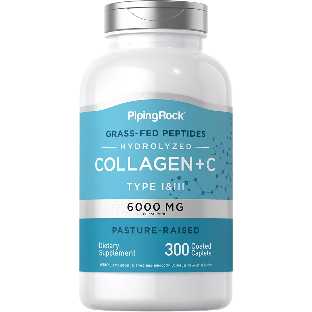 Collagen Pills 6000mg | 300 Caplets | Hydrolyzed Peptide Supplement | Type I & III | Non-GMO, Gluten Free | By Piping Rock