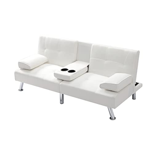 Synthetic Leather Cushion Modern Convertible futon, Adjustable Folding Sofa Bed, Guest Room Bed with Detachable armrests, Two Cup Holders, Metal Legs (Polyester Blend, Beige)