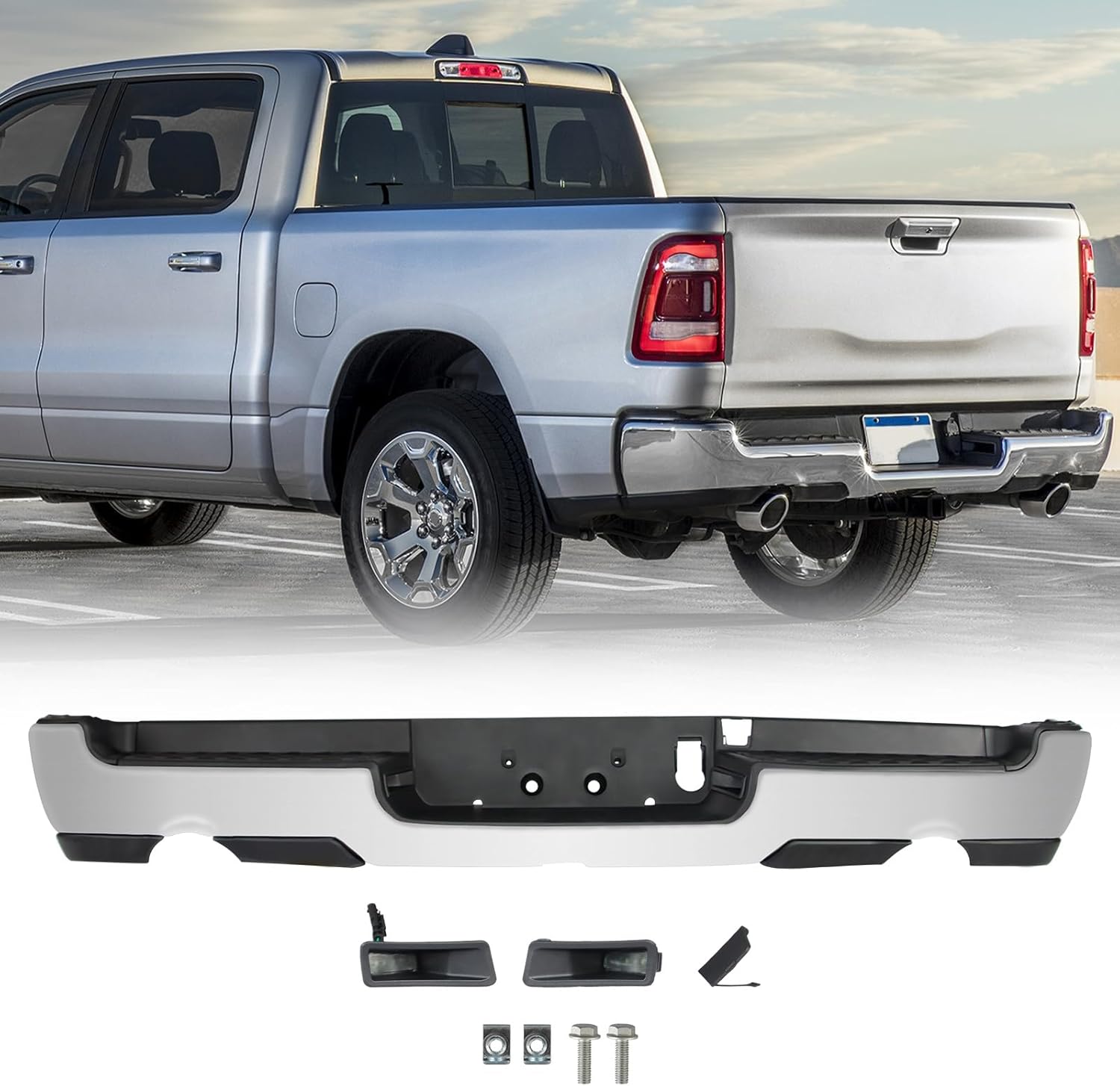 Rear Step Bumper Assembly Compatible for 2019-2024 Ram 1500, w/Dual Exhaust, Steel Chrome CH1103145