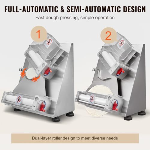 VEVOR Pizza Dough Roller Sheeter, 3-15 Inch Automatic Commercial Pizza Press, 390W Electric 260 Per Hour Dough Roller, Stainless Steel Adjustable Thickness Dough Machine, for Pasta Maker Equipment
