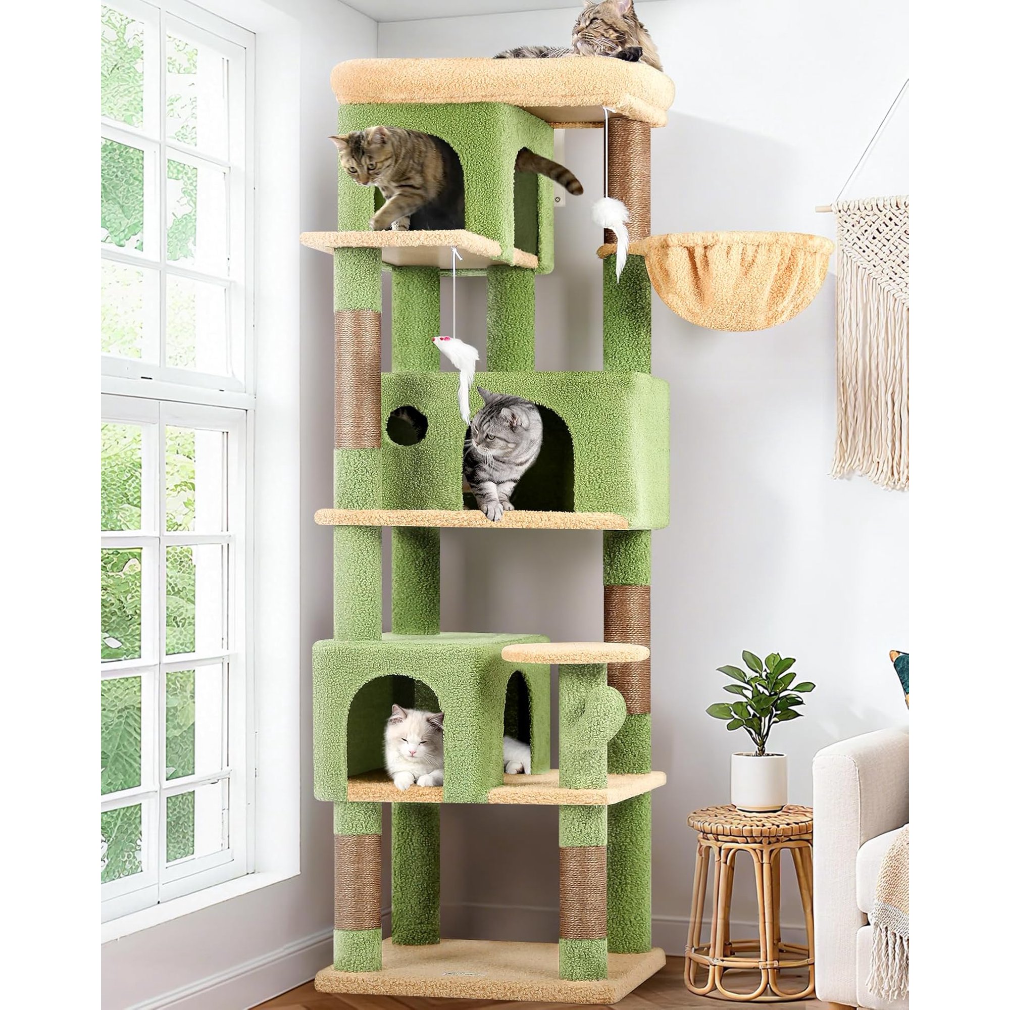 Corner Cactus  Tree 66 inch Multi-Level Cactus Climbing Tower Kitty Condos   Tower for Indoor Multiple Cats with Large Platform, 3  Caves, F66,