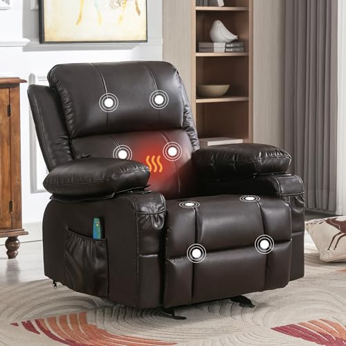 Leather Rocker Recliner Chair - Heated Recliner Chair with Massage Manual Recliner Chair Small Recliner Chairs for Adults Rocking Chair with Footrest Rocking Recliner Chair for Nursery (Brown)
