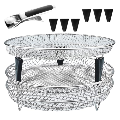 JJunLiM Upgrade Air Fryer Rack,Three Stackable Dehydrator Racks for Gowise Phillips USA Cozyna Ninja Airfryer,Stainless Steel Round Air Fryer Rack Fit All 4.2QT-5.8QT Air Fryer,Oven